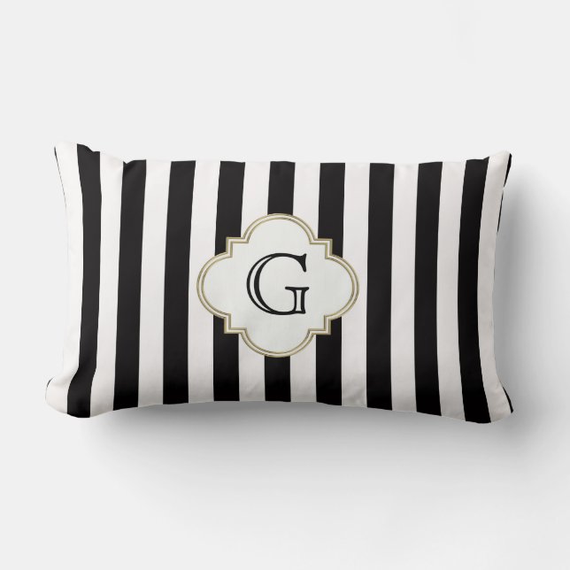 Black and White Stripe Pattern with White Monogram Lumbar Cushion (Front)