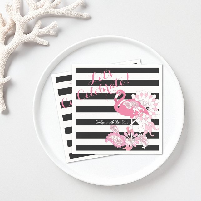 Black and White Stripe Pink Flamingo Birthday Napkin (Creator Uploaded)