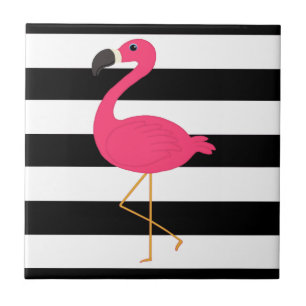 Black and White Stripe Pink Flamingo Ceramic Tile