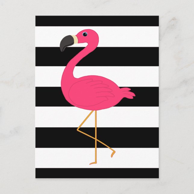 Black and White Stripe Pink Flamingo Postcard (Front)