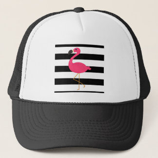 Black and White Stripe Pink Flamingo Trucker Hat