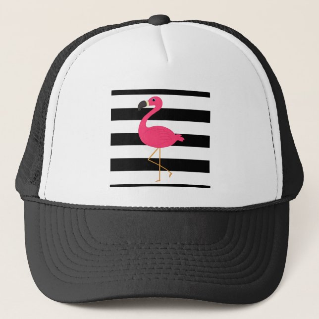 Black and White Stripe Pink Flamingo Trucker Hat (Front)