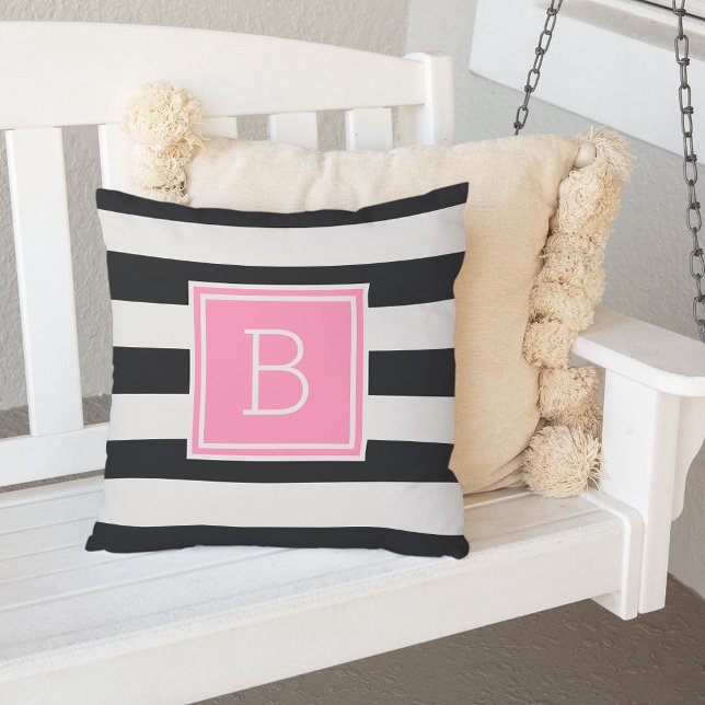 Black and White Stripe Pink Monogram Outdoor Cushion (Creator Uploaded)
