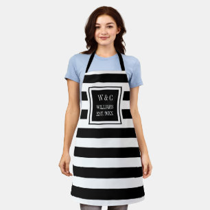 Black And White Stripe Trendy Monogram Family Name Apron