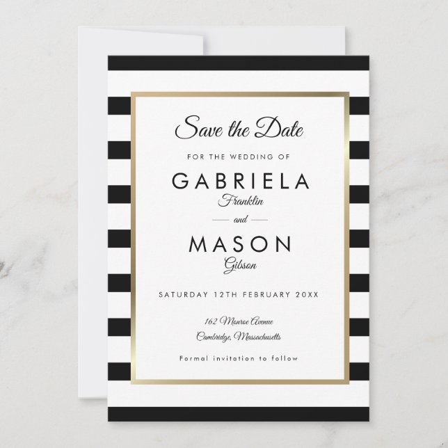 Black and White Stripe Wedding Save The Date (Front)