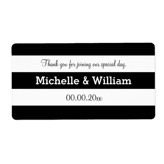 Black and white stripe wedding water bottle labels (Front)