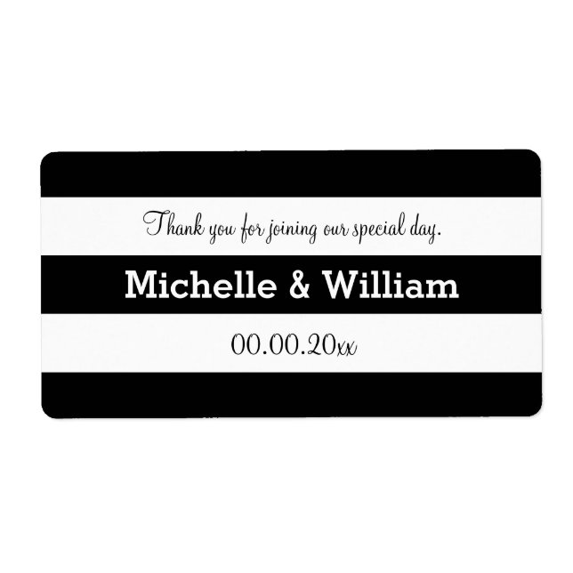 Black and white stripe wedding water bottle labels (Front)