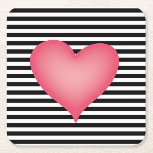Black and White Stripe with Big Pink Heart Square Paper Coaster