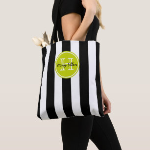 Black and White Stripe With Lime Green Monogram Tote Bag