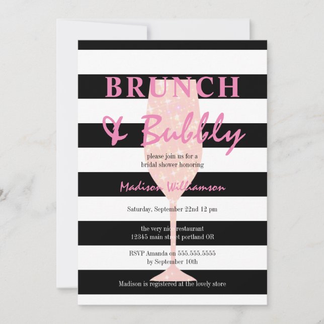 Black and White Stripe with Pink Glitter Champagne Invitation (Front)