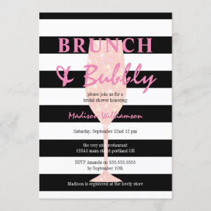 Black and White Stripe with Pink Glitter Champagne Invitation