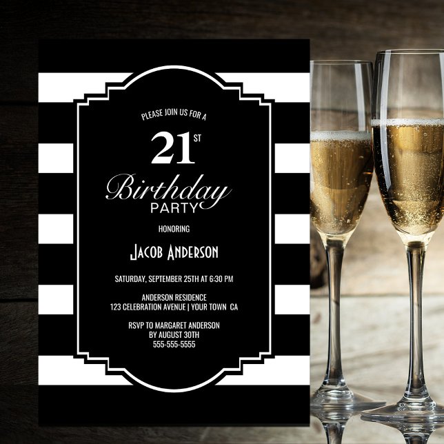 Black and White Striped 21st Birthday Party Invitation (Creator Uploaded)