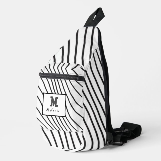 Black and white striped Abstract minimal Monogram  Sling Bag (Right Corner)