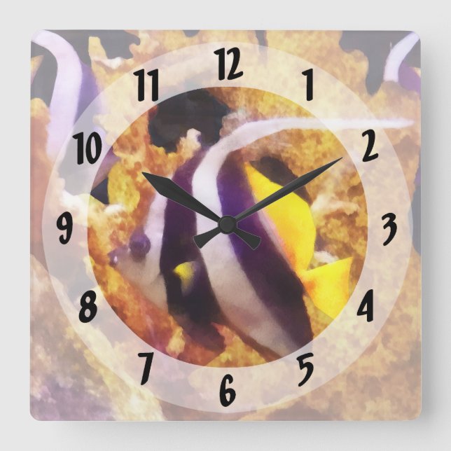 Black and White Striped Angelfish Square Wall Clock (Front)