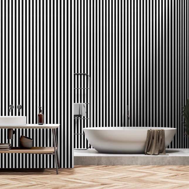 Black and white striped classic peel and stick wallpaper (Bathroom)