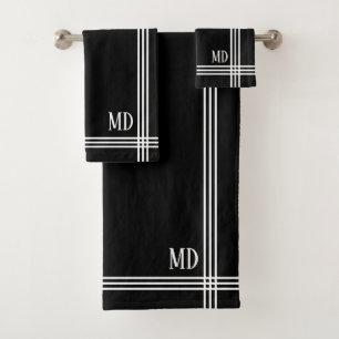 Black and White Striped Custom Initials Simple Bath Towel Set