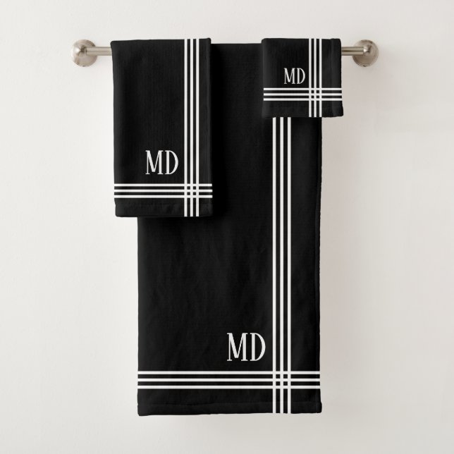 Black and White Striped Custom Initials Simple Bath Towel Set (Insitu)