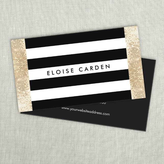 Black and White Striped FAUX Gold Sequin Beauty Business Card (Creator Uploaded)