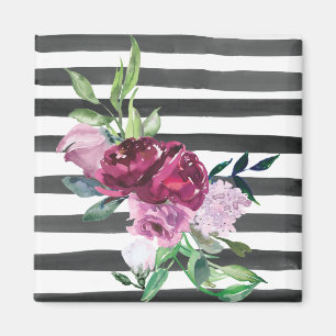 Black and White Striped Floral Magnet