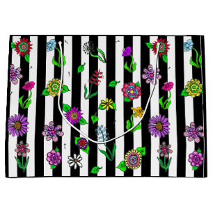 Black and White Striped Floral Whimsical Large Gift Bag