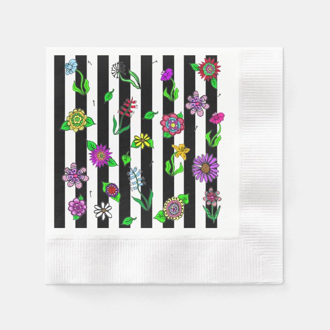 Black and White Striped Floral Whimsical Napkin (Front)