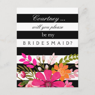 Black and White Striped Flowers Bridesmaid Request Invitation