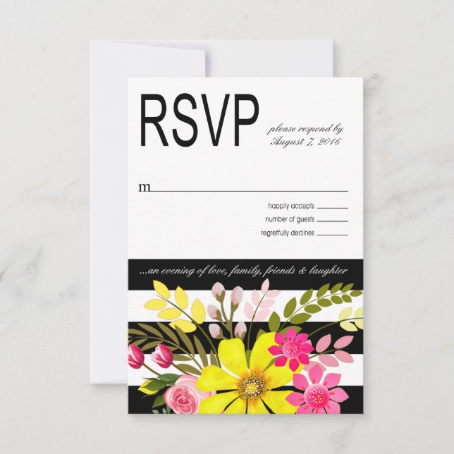 Black and White Striped Flowers RSVP yellow Card (Front)