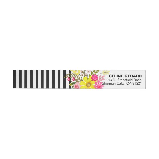 Black and White Striped Folklore Flowers | yellow Wraparound Address Label (Individual)