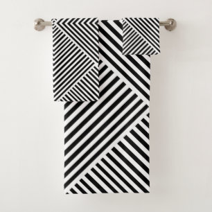 Black and White Striped Geometric Pattern Bath Towel Set