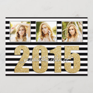 Black and White Striped, Glitter Gold Graduation Announcement