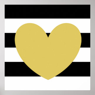 Black and White Striped, Gold Heart 24"x24" Poster