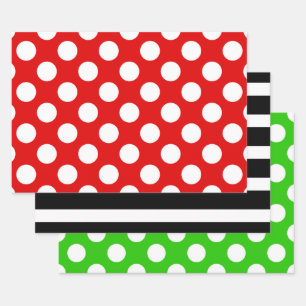 Black and White Striped Green Red Polka Dot Wrapping Paper Sheet