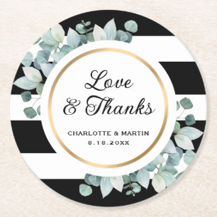 Black and White Striped Greenery Eucalyptus Round Paper Coaster