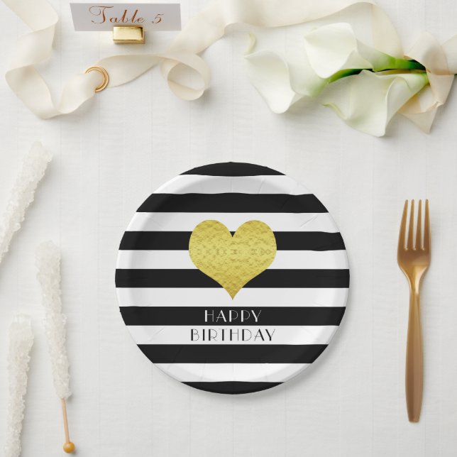 Black And White Striped Happy Birthday Gold Heart Paper Plate (Wedding)