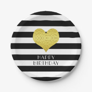 Black And White Striped Happy Birthday Gold Heart Paper Plate