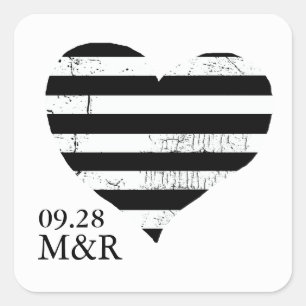 black-and-white striped heart wedding square sticker