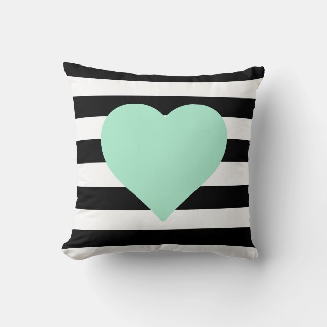 Black and White Striped Mint Heart Throw Pillow (Front)