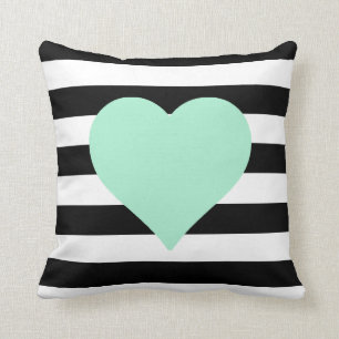 Black and White Striped Mint Heart Throw Pillow