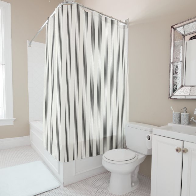 Black and White Striped Modern Boho Geometric  Shower Curtain (In Situ)