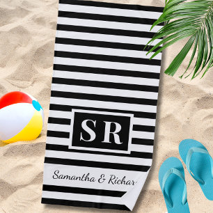 Black And White Striped Monogram Wedding Couple   Beach Towel