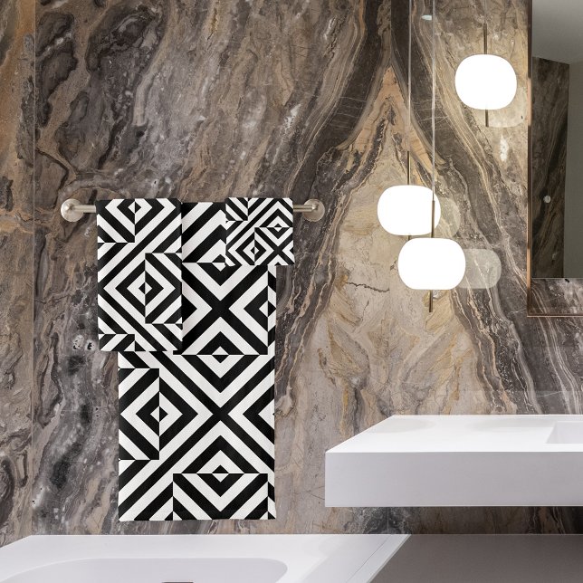 Black and White Striped Op Art Geometric Pattern Bath Towel Set (Creator Uploaded)