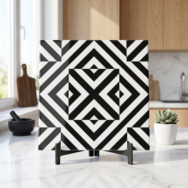 Black and White Striped Op Art Geometric Pattern Ceramic Tile (Creator Uploaded)