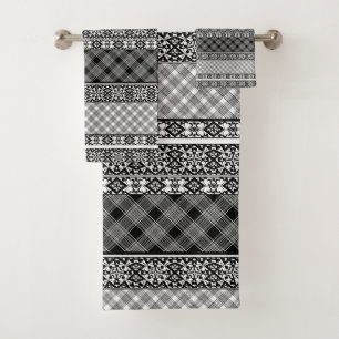 Black and white striped patchwork with lace bath towel set