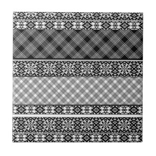Black and white striped patchwork with lace ceramic tile