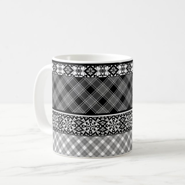 Black and white striped patchwork with lace coffee mug (Front Left)