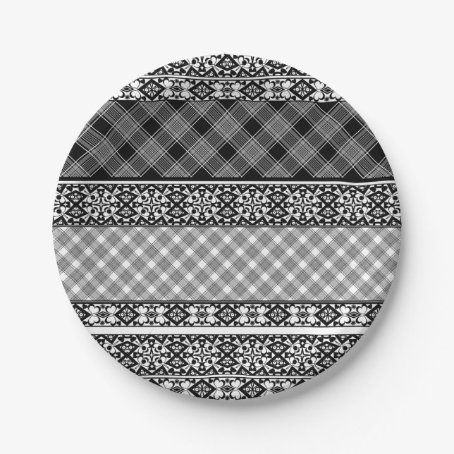 Black and white striped patchwork with lace paper plate (Front)