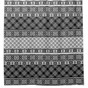 Black and white striped patchwork with lace shower curtain