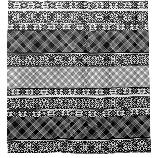 Black and white striped patchwork with lace shower curtain (Front)