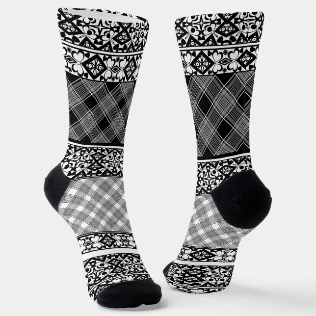 Black and white striped patchwork with lace socks (Angled)