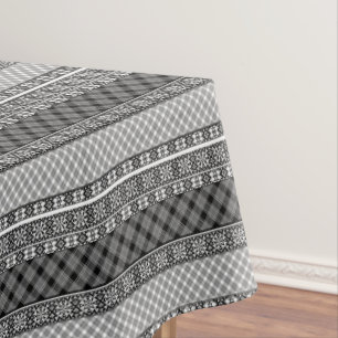 Black and white striped patchwork with lace tablecloth